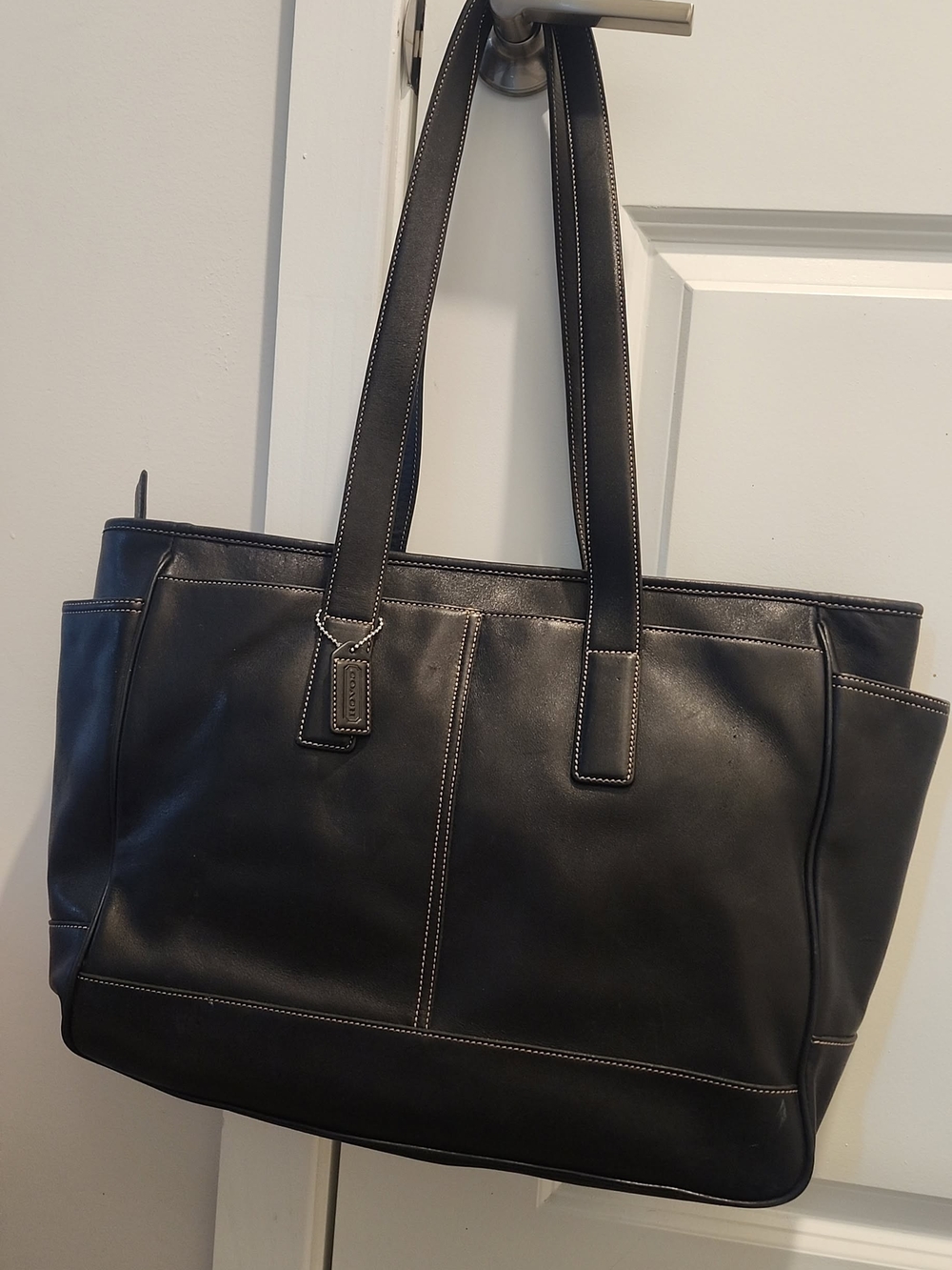 Coach Black Leather Baby Bag with White Contrast Stitching